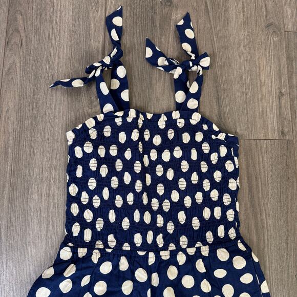 J.Crew Crewcuts Smocked Jumpsuit Girls 10 Navy White Polk Linen Blend One Piece - Picture 4 of 10